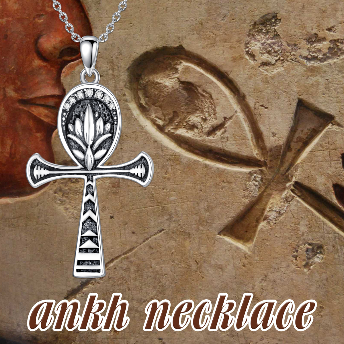 Sterling Silver Zircon Lotus & Ankh Pendant Necklace-6